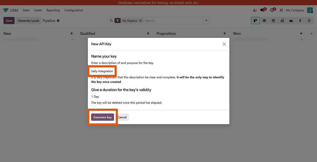 Odoo Dialog New API Key mit dem Namen Sally Integration und dem Button Generate key