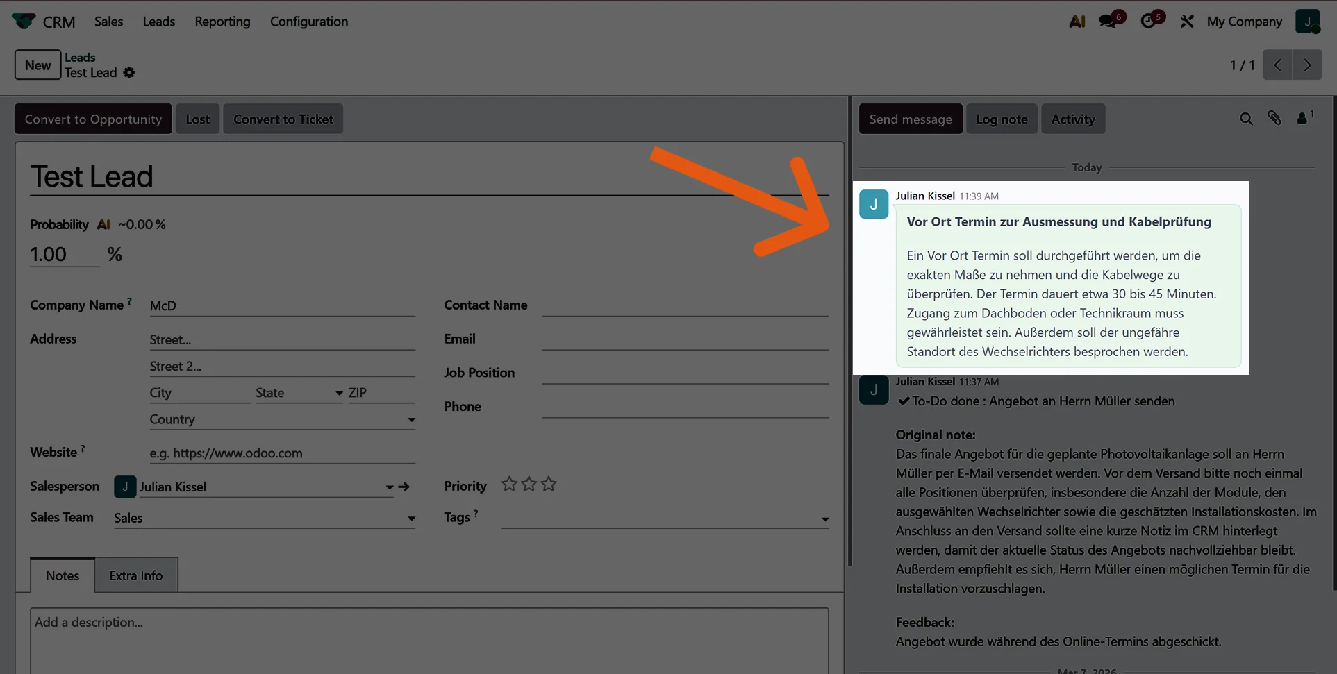 Odoo Lead mit der von Sally erstellten Chatter-Nachricht