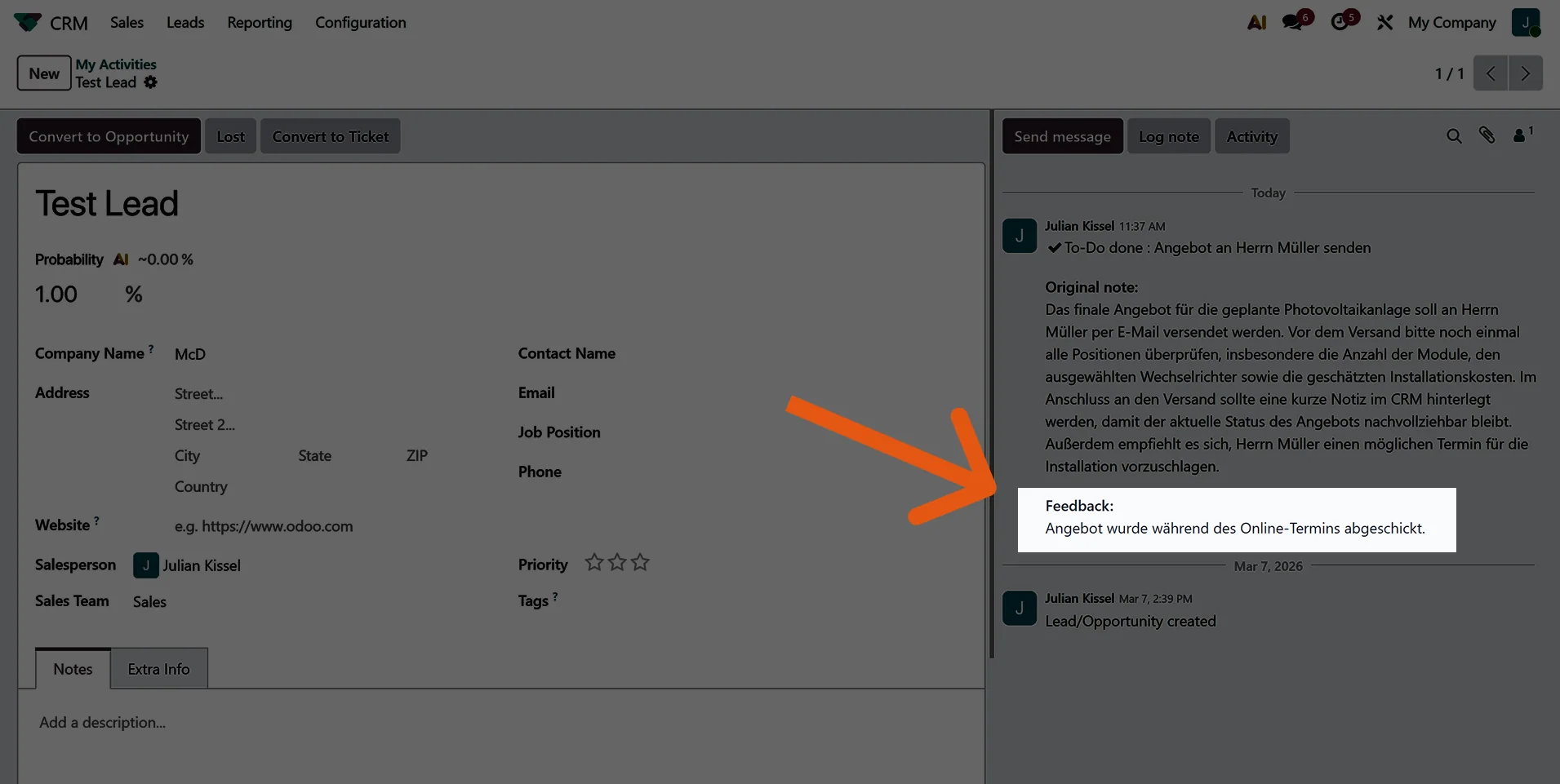 Odoo Lead mit dem abgeschlossenen To-Do und dem Feedback von Sally im Chatter