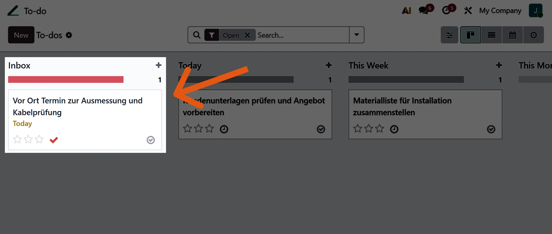Odoo To-Do-Übersicht mit dem von Sally angelegten Eintrag in der Inbox