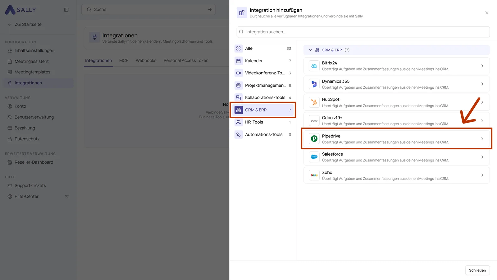 Dialog Integration hinzufügen mit der Kategorie CRM und ERP und dem hervorgehobenen Eintrag Pipedrive