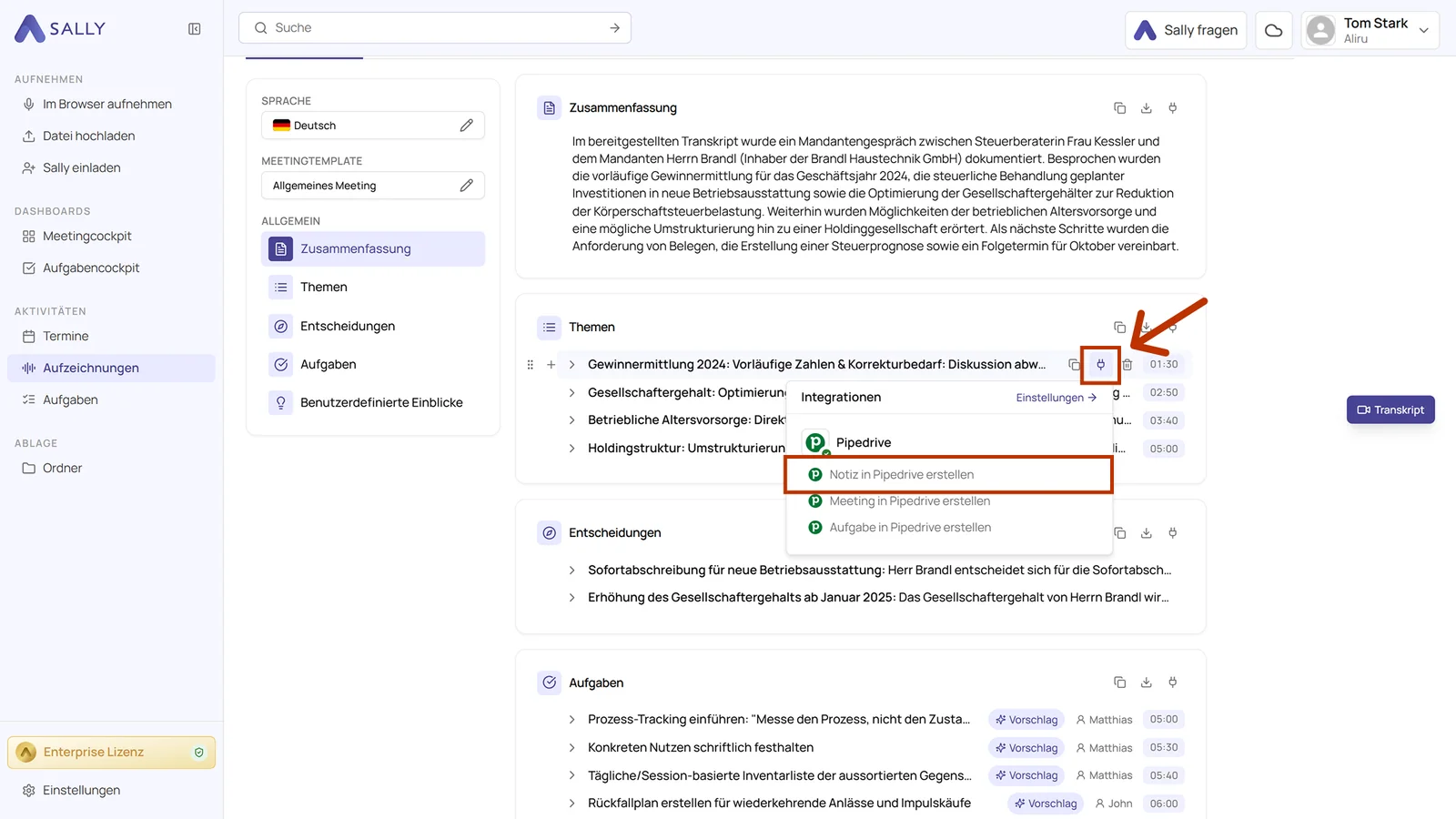 Aufzeichnung in Sally mit geöffnetem Integrationen-Menü und der markierten Aktion Notiz in Pipedrive erstellen