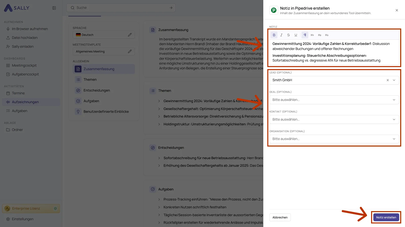 Panel Notiz in Pipedrive erstellen mit dem Notiztext und den Feldern für Lead, Deal, Kontakt und Organisation