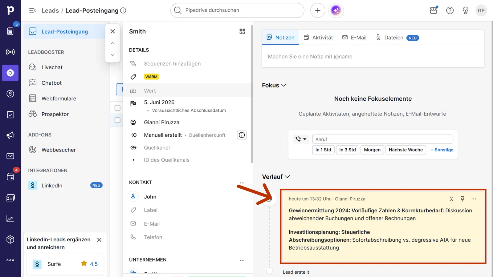 Notiz aus Sally im Verlauf eines Pipedrive-Leads