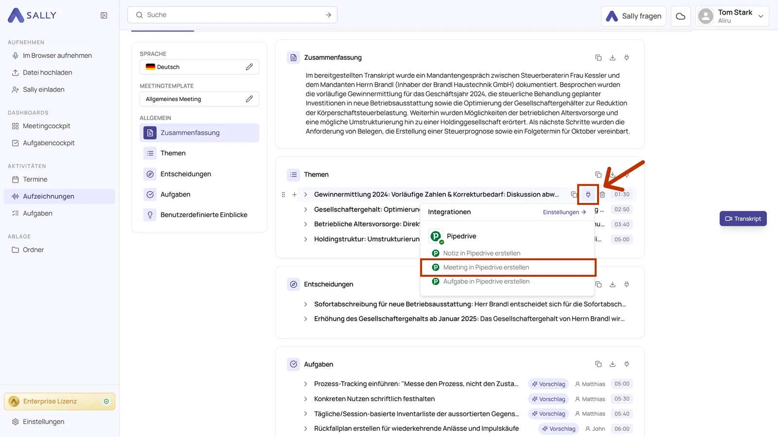 Aufzeichnung in Sally mit geöffnetem Integrationen-Menü und der markierten Aktion Meeting in Pipedrive erstellen