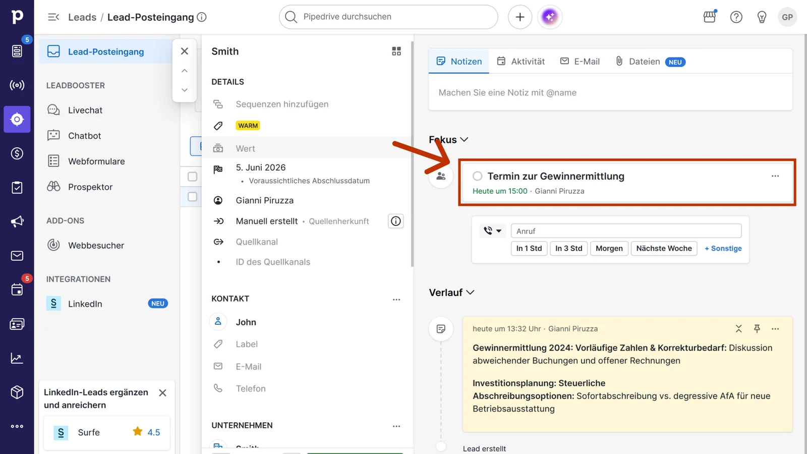 Meeting aus Sally im Fokus-Bereich eines Pipedrive-Leads