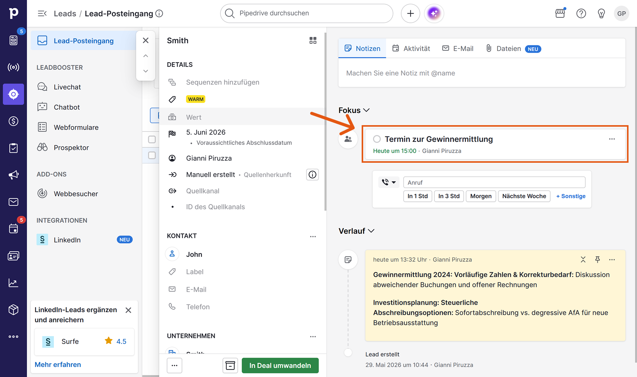 Sally-Meeting im Fokus-Bereich des Pipedrive-Leads