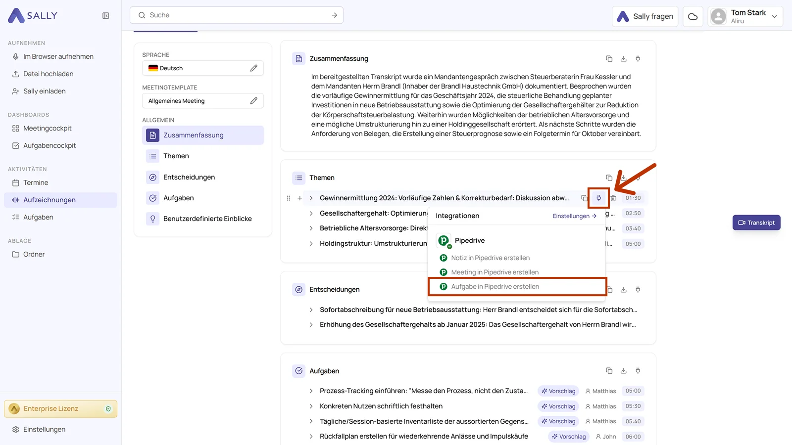 Aufzeichnung in Sally mit geöffnetem Integrationen-Menü und der markierten Aktion Aufgabe in Pipedrive erstellen
