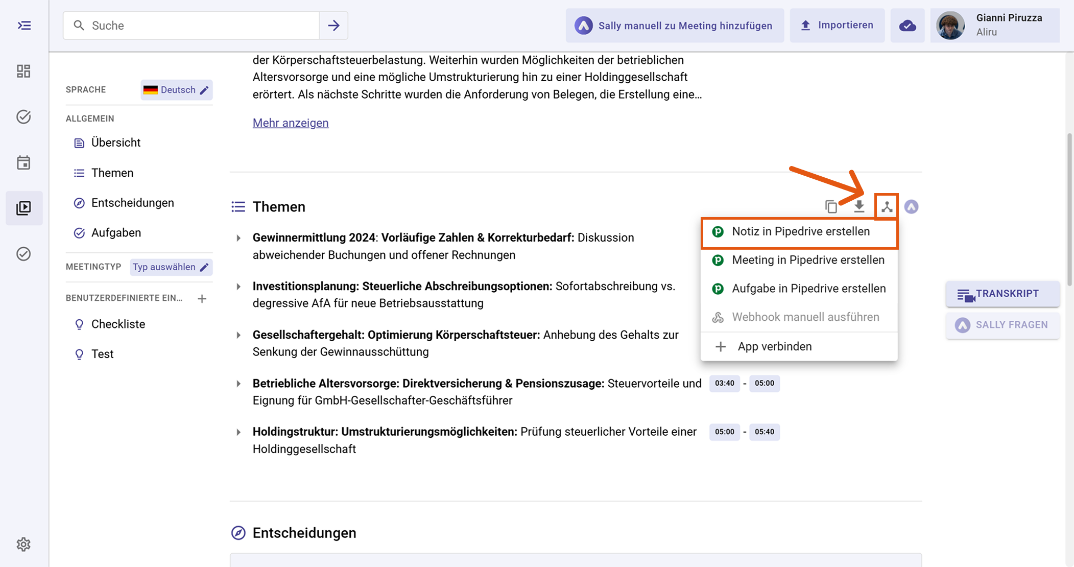 Pipedrive Aktionsmenü mit Notiz, Meeting und Aufgabe erstellen