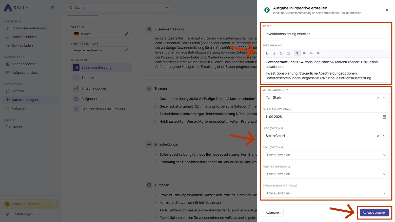 Panel Aufgabe in Pipedrive erstellen mit Titel, Beschreibung, Verantwortlich, Fällig am und den Feldern für den Datensatz
