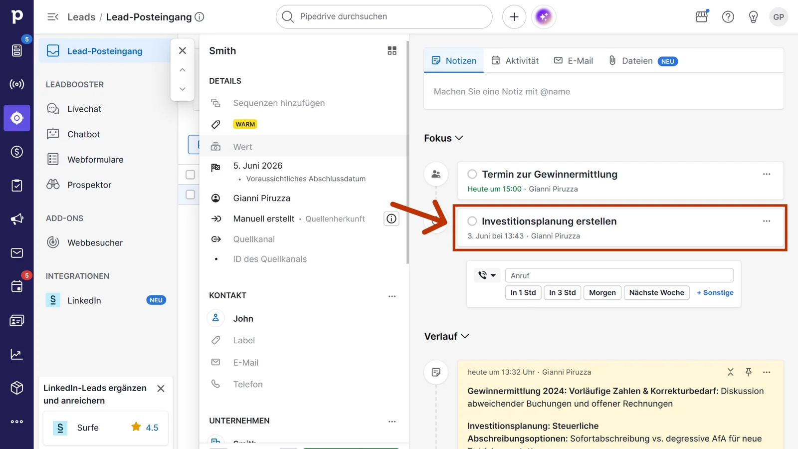 Aufgabe aus Sally im Fokus-Bereich eines Pipedrive-Leads