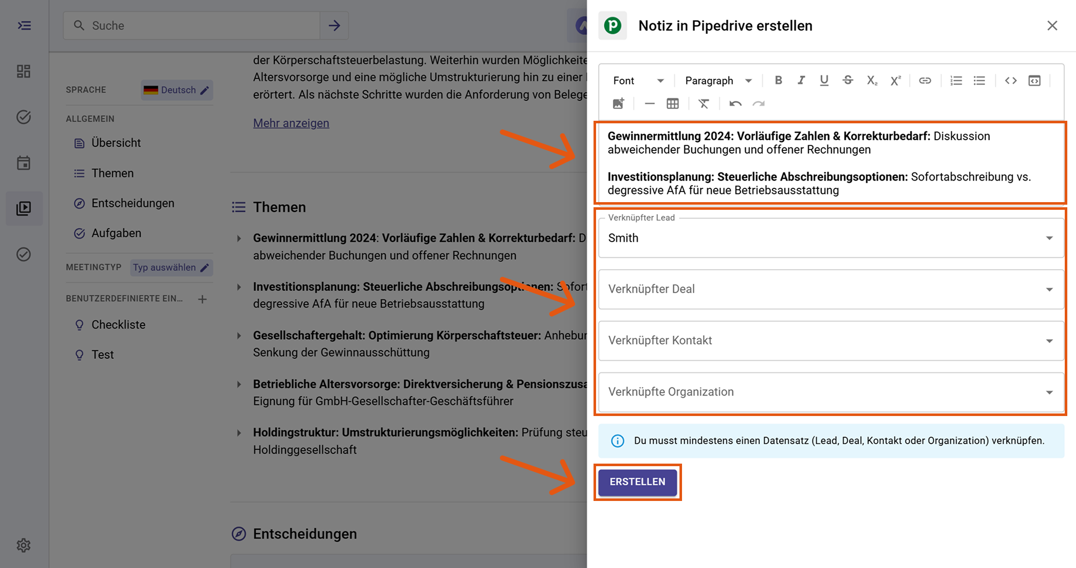 Notiz in Pipedrive Formular mit Verknüpfungen