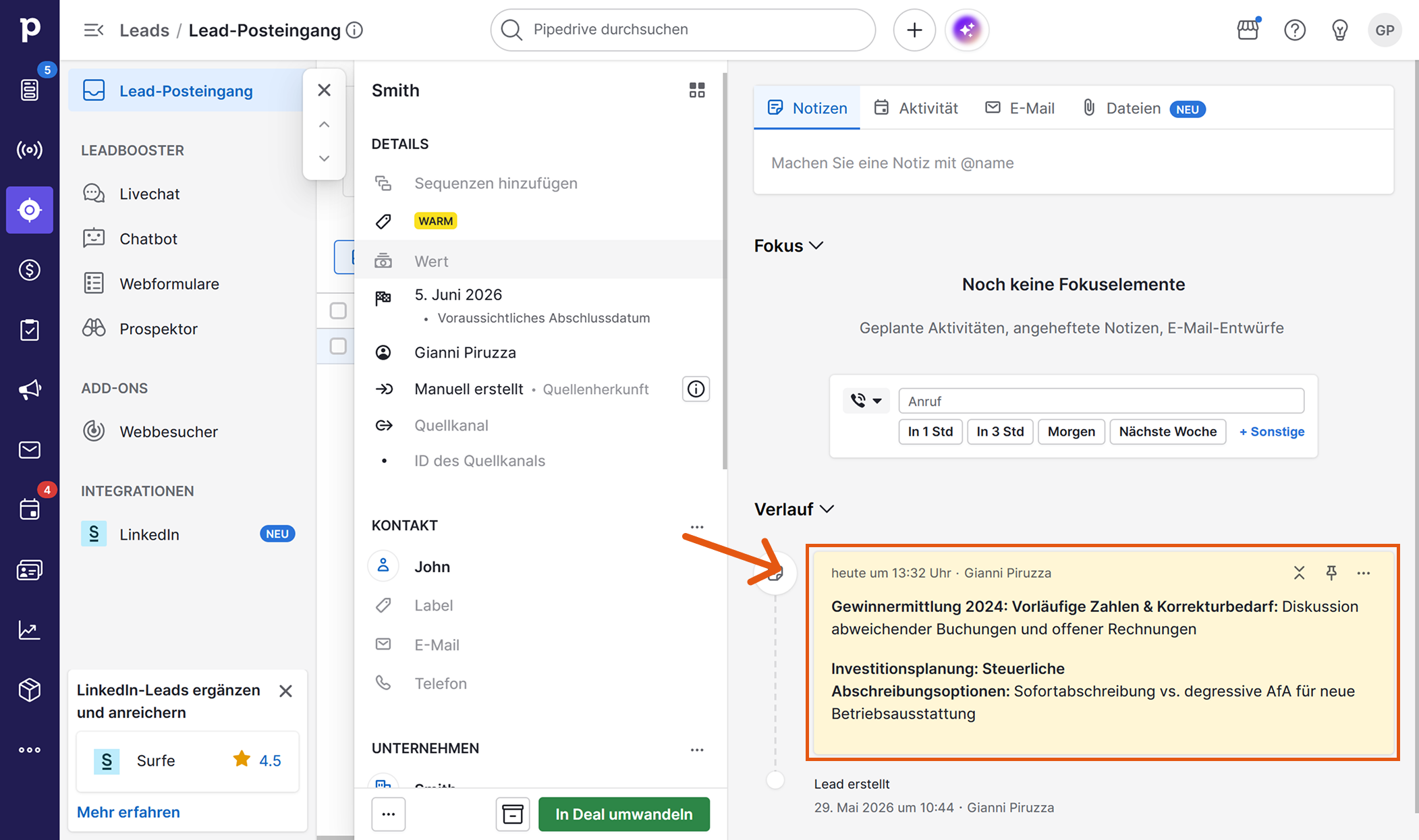 Sally-Notiz im Verlauf des Pipedrive-Leads