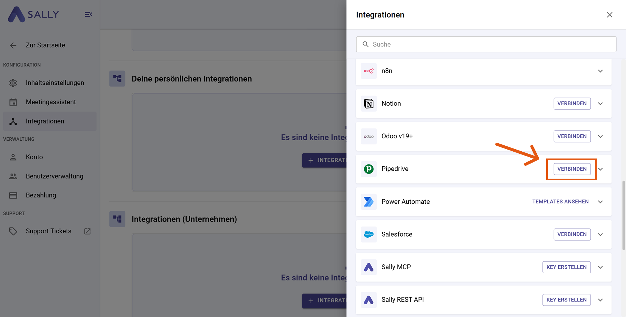 Pipedrive in der Integrationsliste mit Verbinden-Button