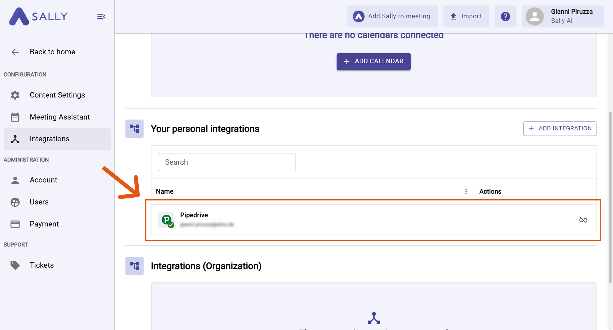 Pipedrive unter deinen persönlichen Integrationen aufgelistet