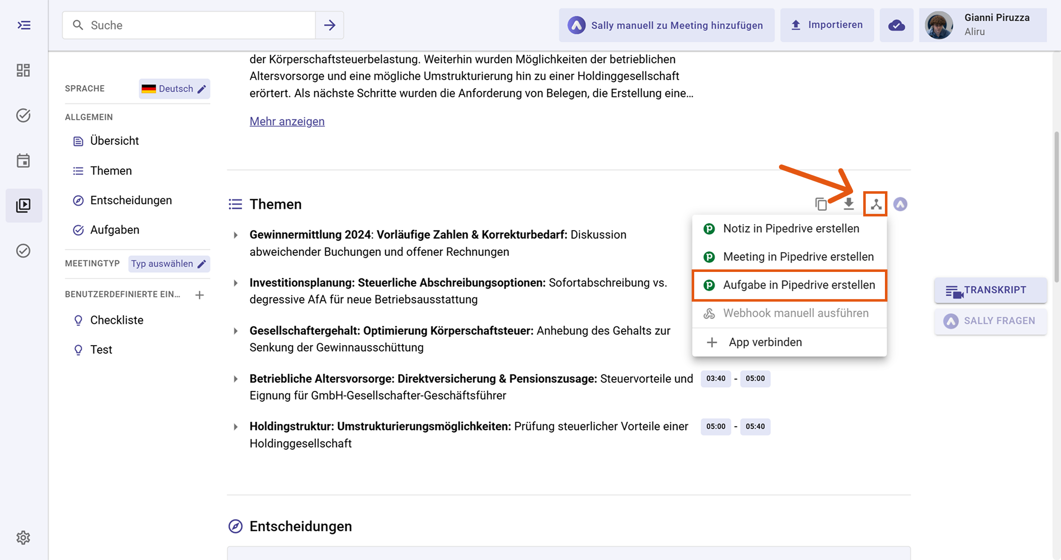 Pipedrive Aktionsmenü mit Aufgabe in Pipedrive erstellen markiert