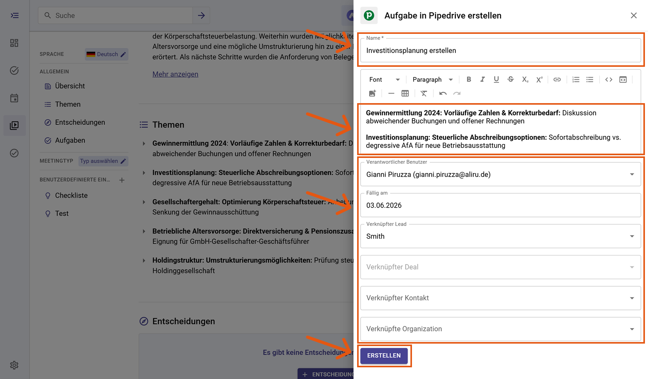 Aufgabe in Pipedrive Formular mit Name, Verantwortlichem, Fälligkeit und Verknüpfungen