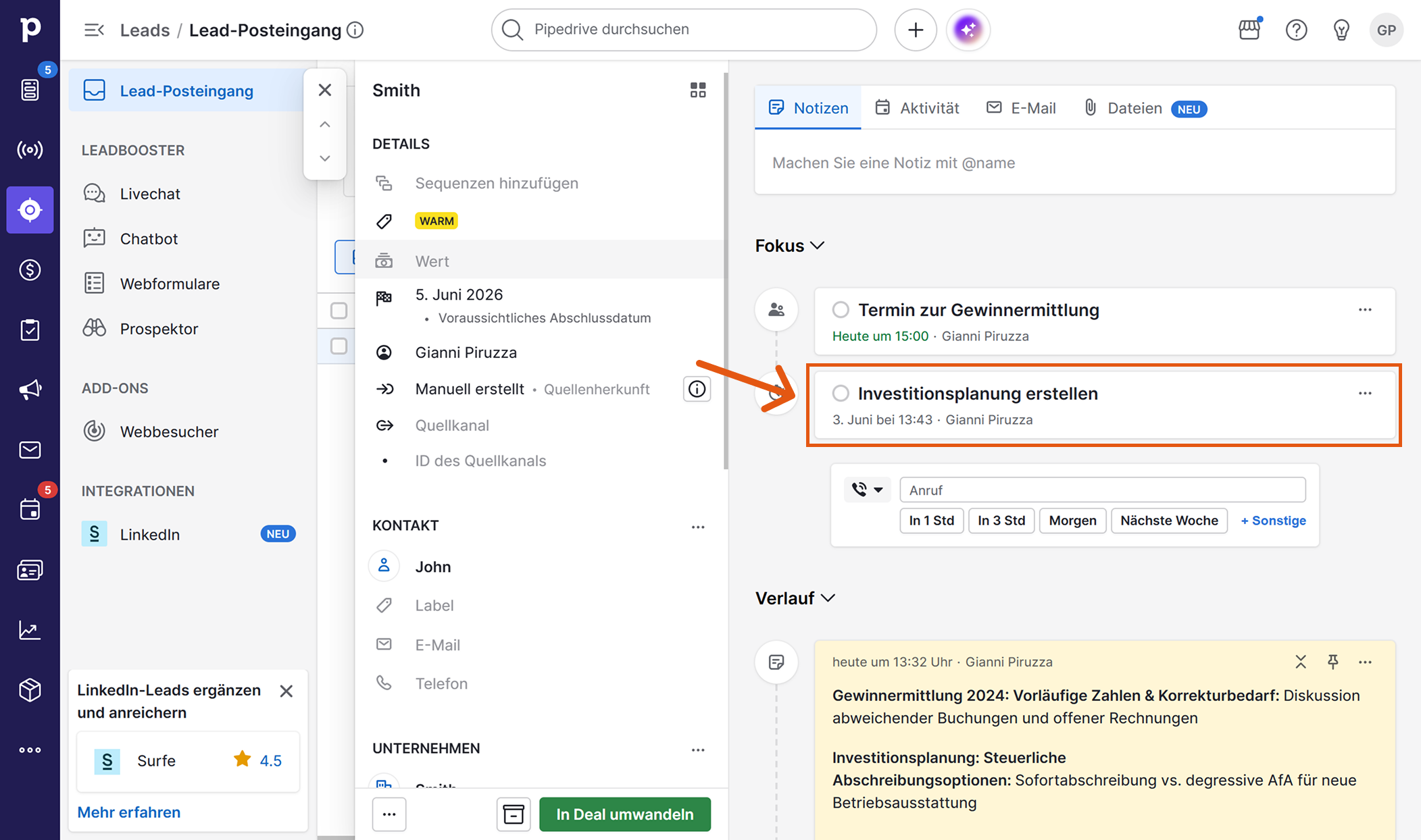Sally-Aufgabe im Fokus-Bereich des Pipedrive-Leads