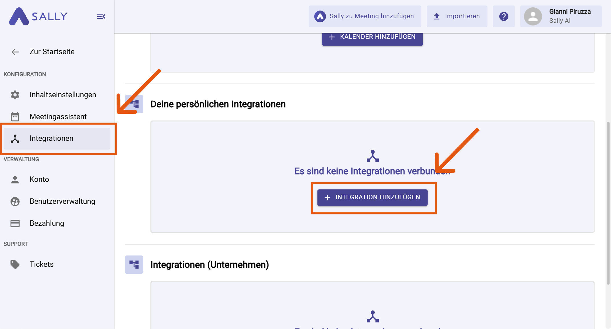 Sally Integrationen mit hervorgehobenem Integration hinzufügen