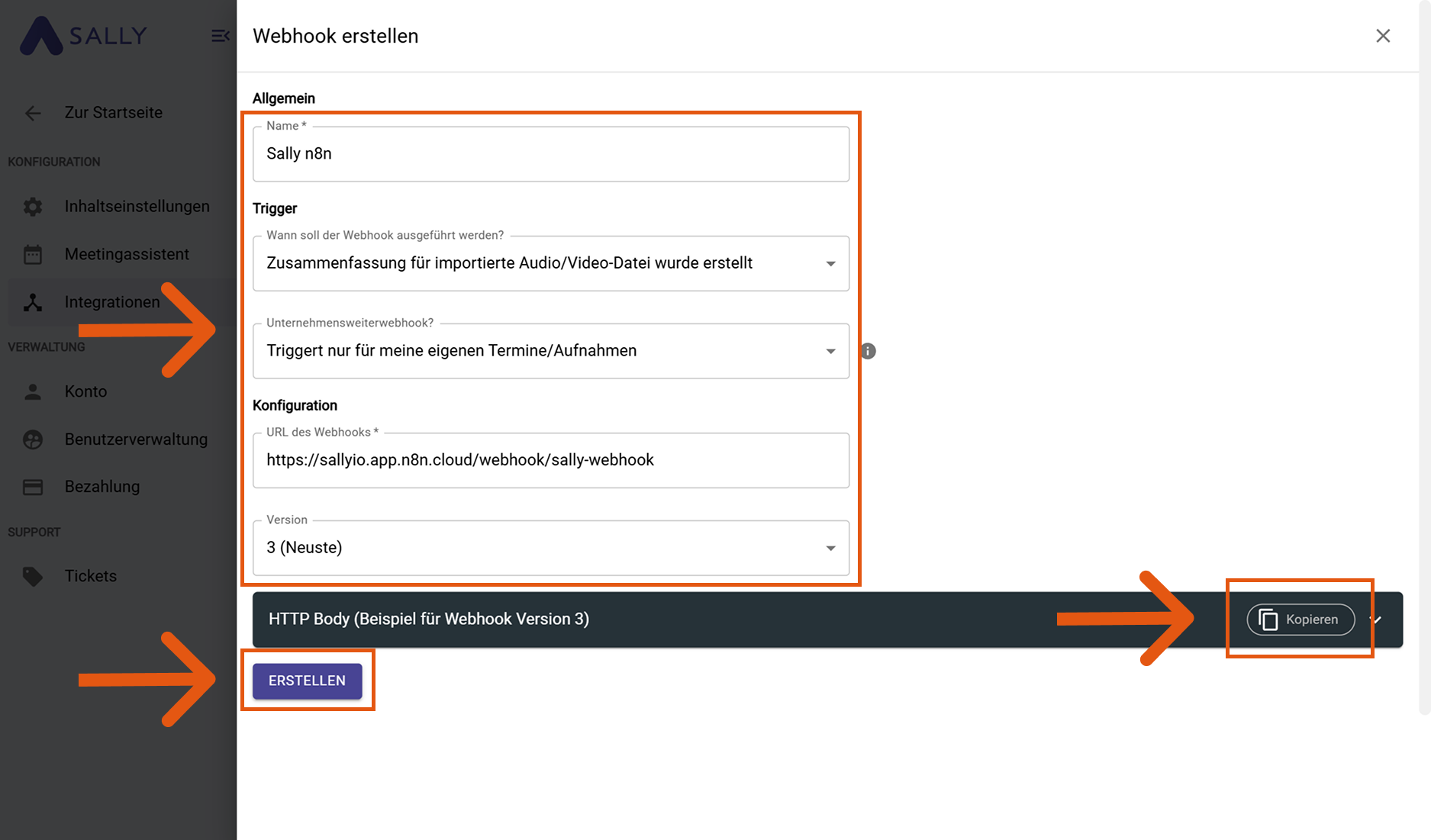 Webhook in Sally erstellen