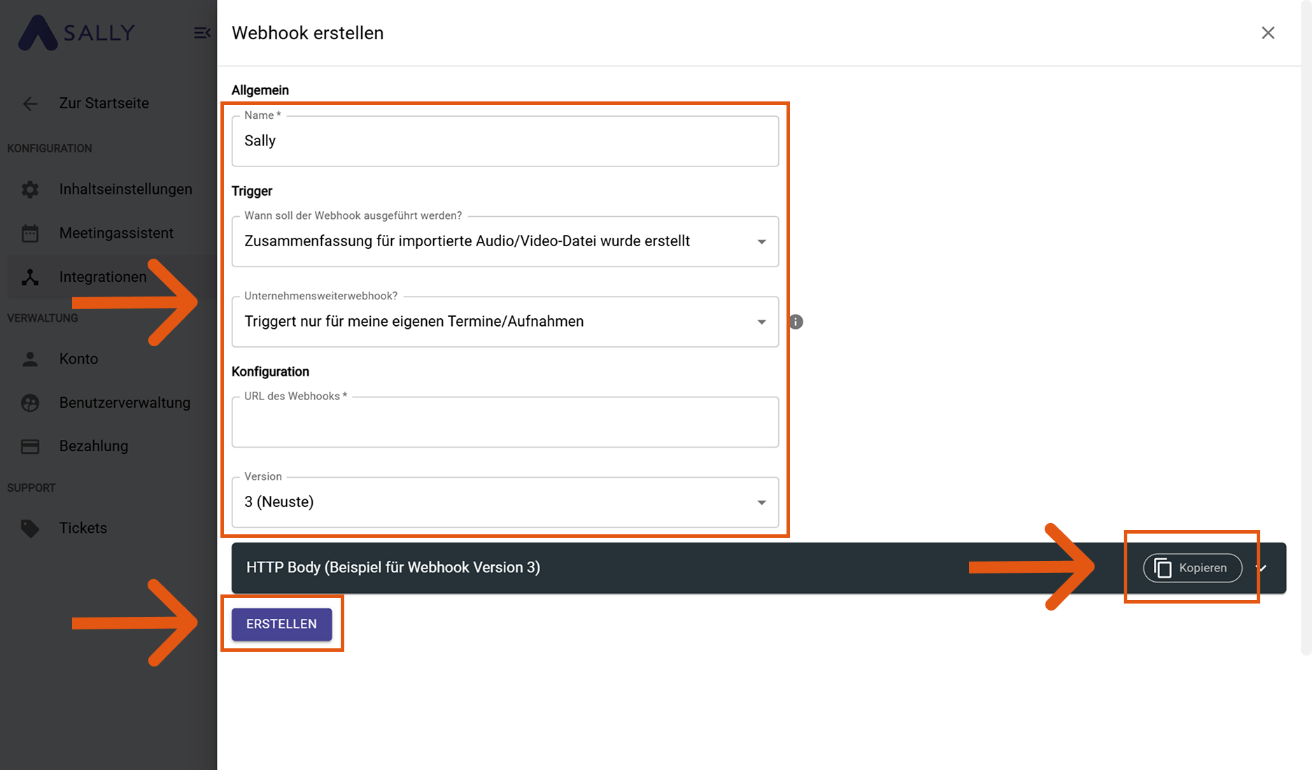 Webhook in Sally erstellen