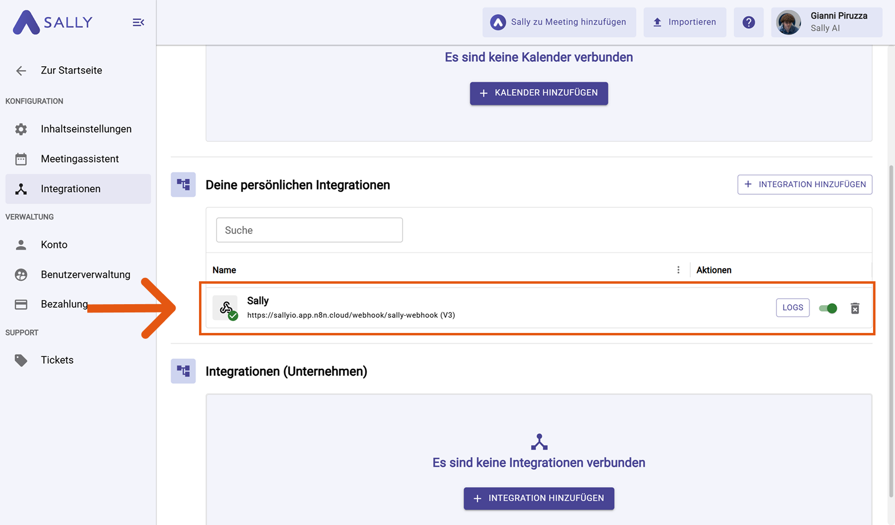 Webhook unter Integrationen aufgelistet