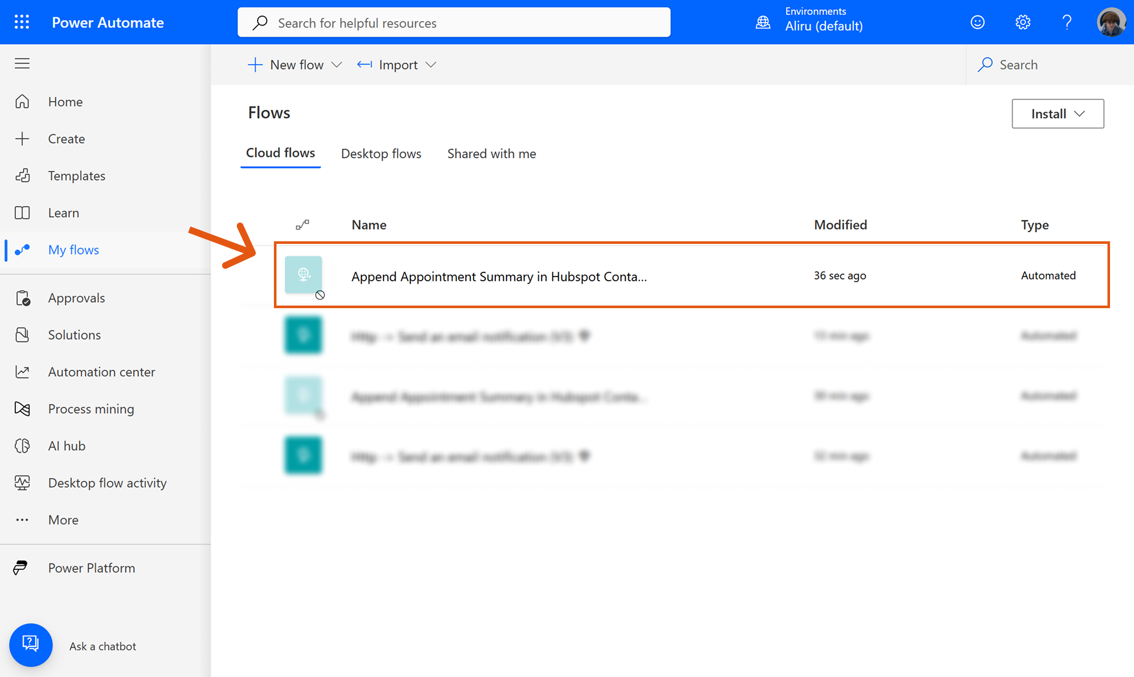 Importiertes Template unter Meine Flows