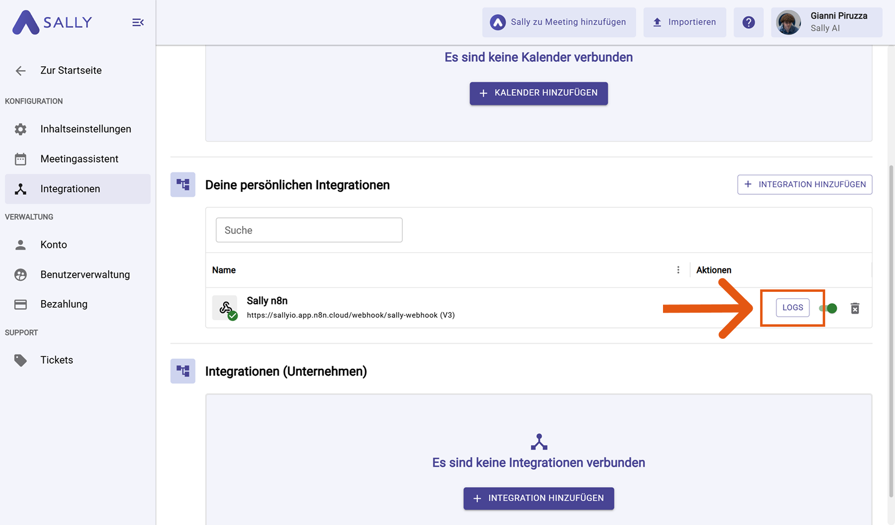 Webhook-Logs in Sally öffnen