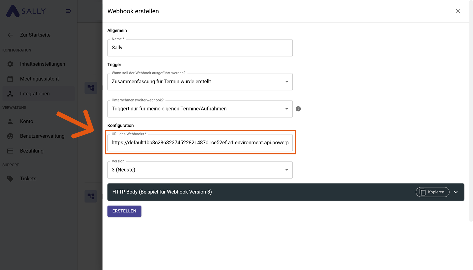 Webhook-URL in Sally einfügen