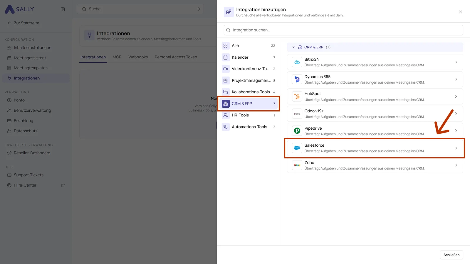 Liste der Integrationen mit der Kategorie CRM und ERP und dem hervorgehobenen Eintrag Salesforce