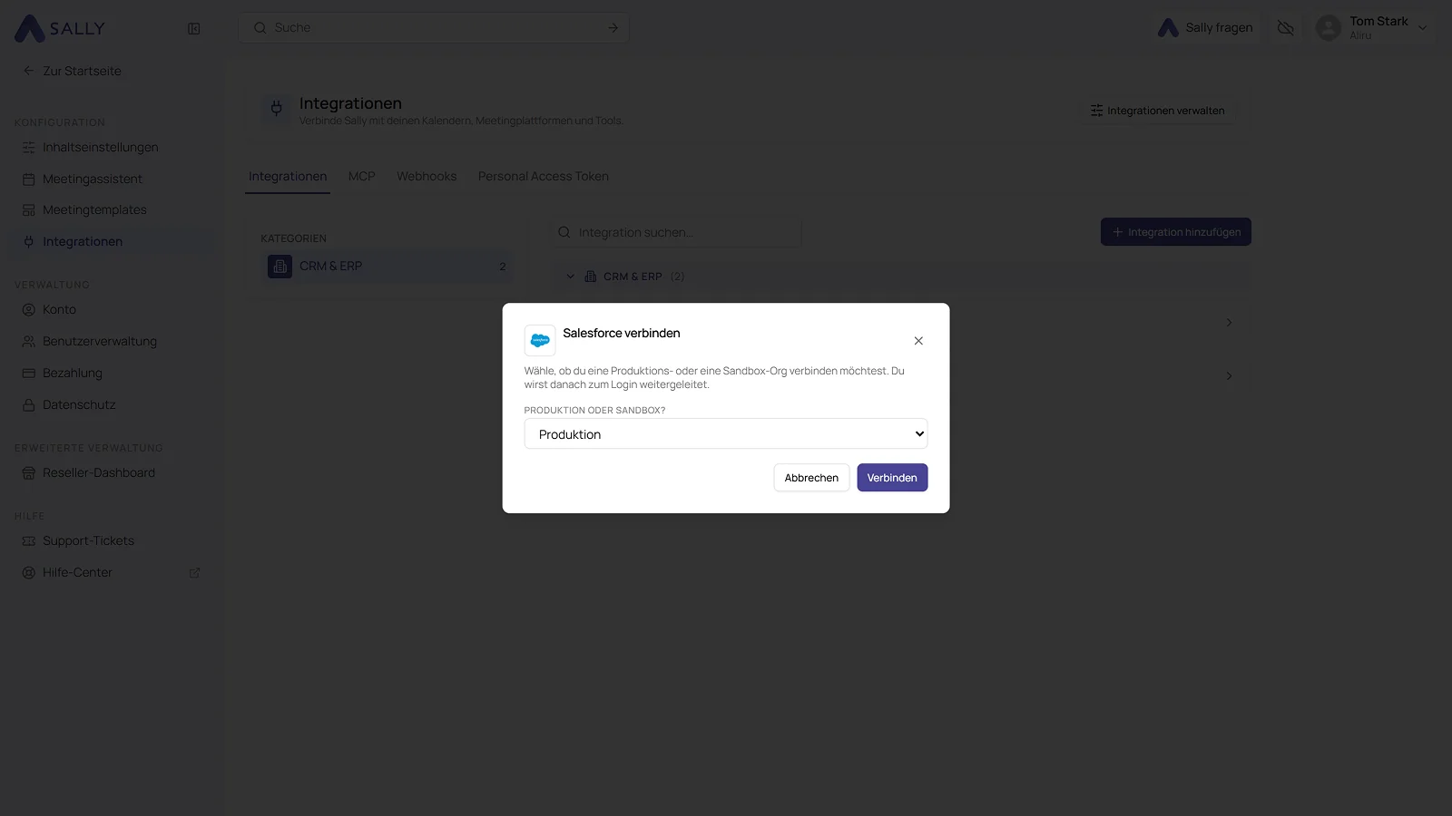 Dialog Salesforce verbinden mit der Auswahl zwischen Produktion und Sandbox