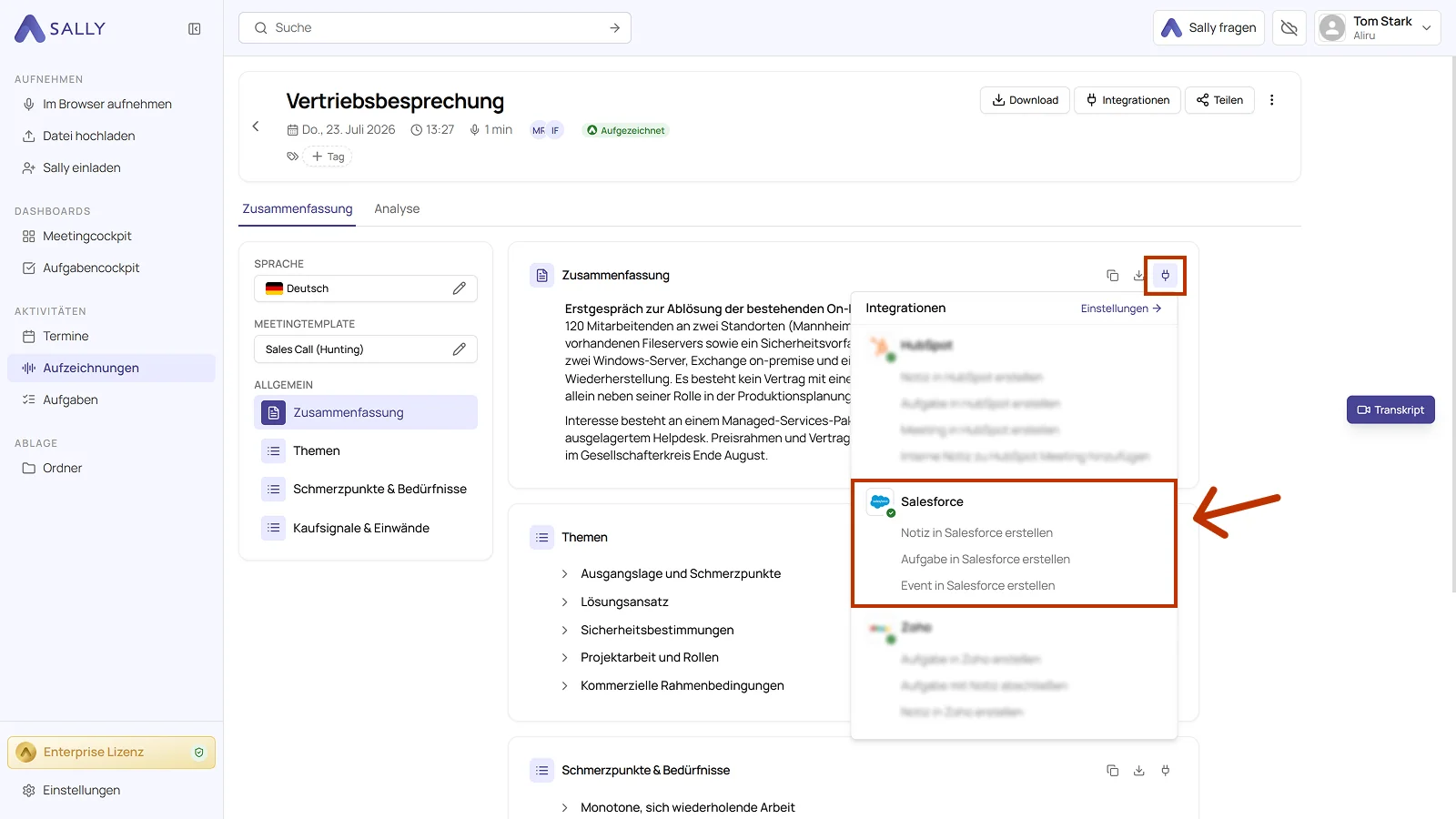 Aufzeichnung in Sally mit geöffnetem Integrationen-Menü und den drei Aktionen von Salesforce