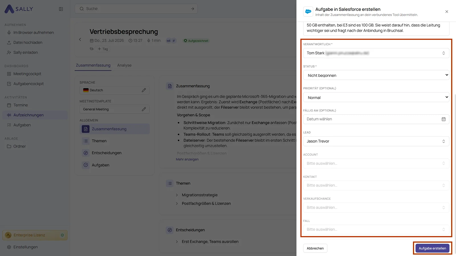 Panel Aufgabe in Salesforce erstellen mit Verantwortlich, Status, Priorität, Fällig am und den Feldern für den Datensatz