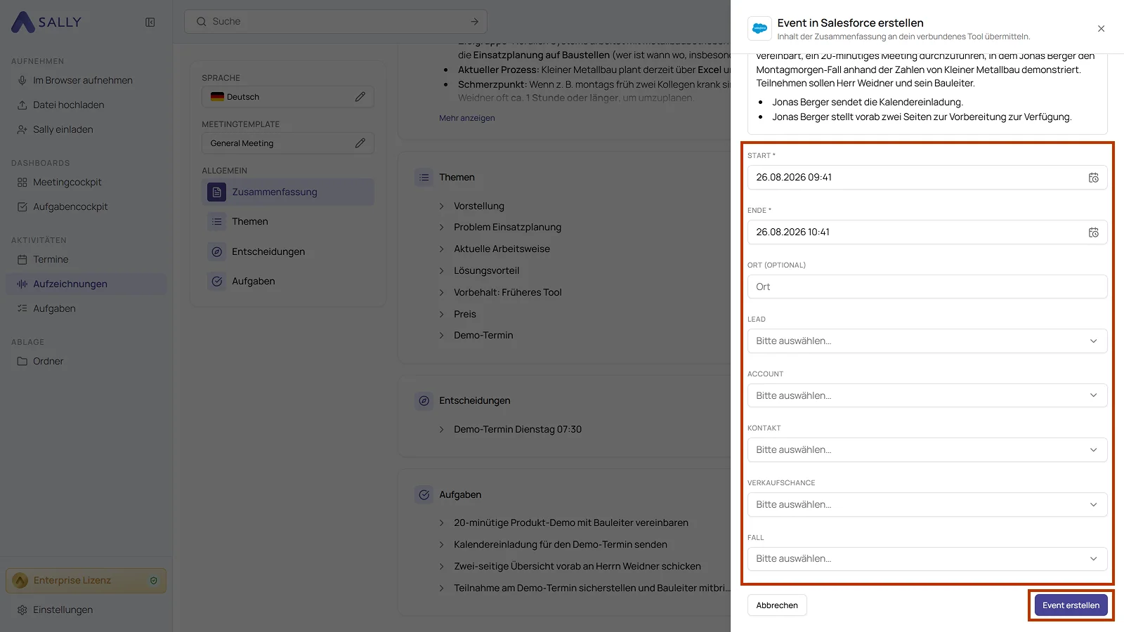 Panel Event in Salesforce erstellen mit Start, Ende, Ort und den Feldern für den Datensatz