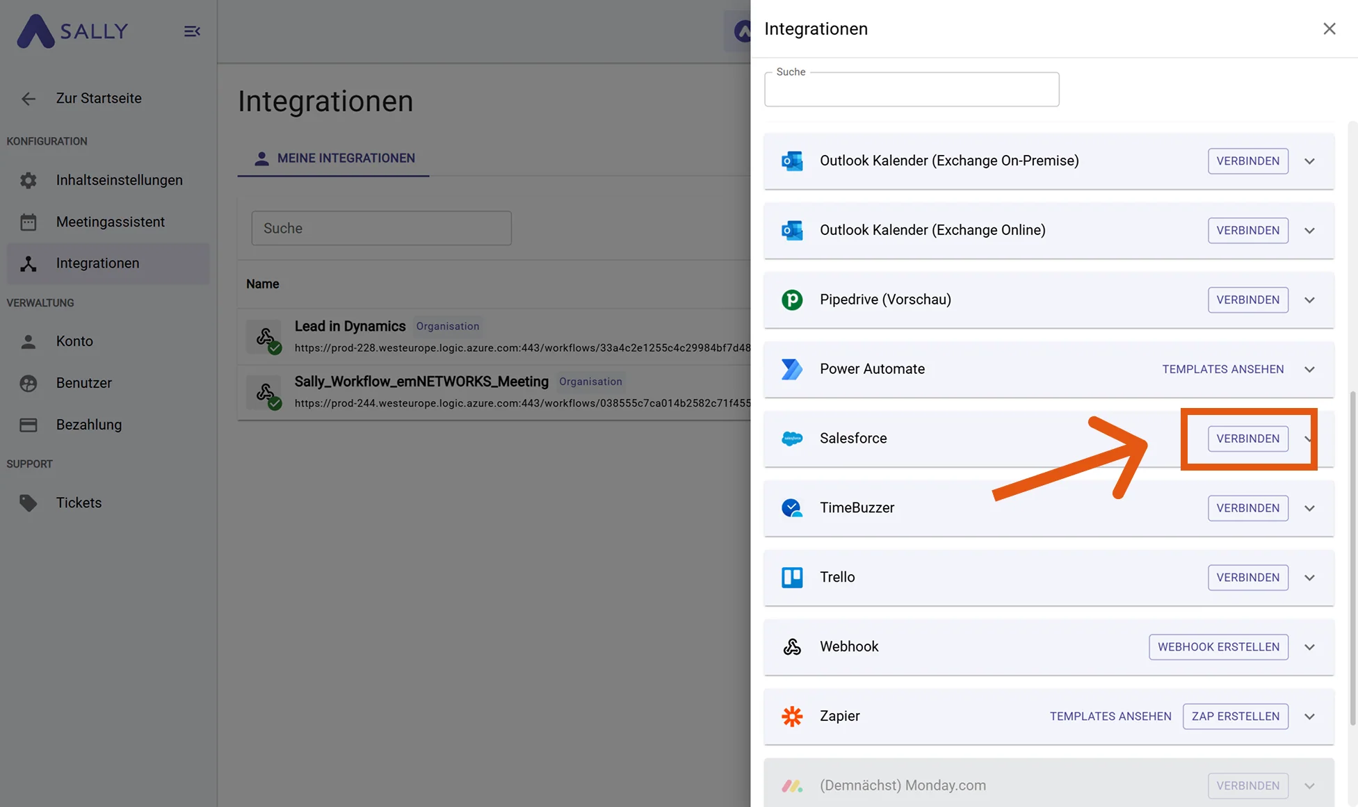 Salesforce im Integrationsmenü mit Auswahl Produktion oder Sandbox