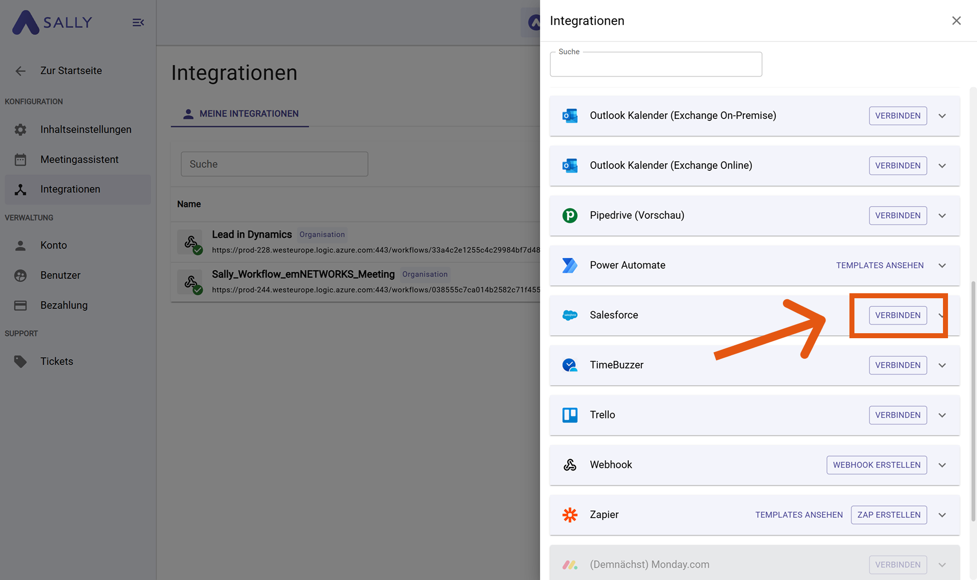 Salesforce im Integrationsmenü mit Auswahl Produktion oder Sandbox