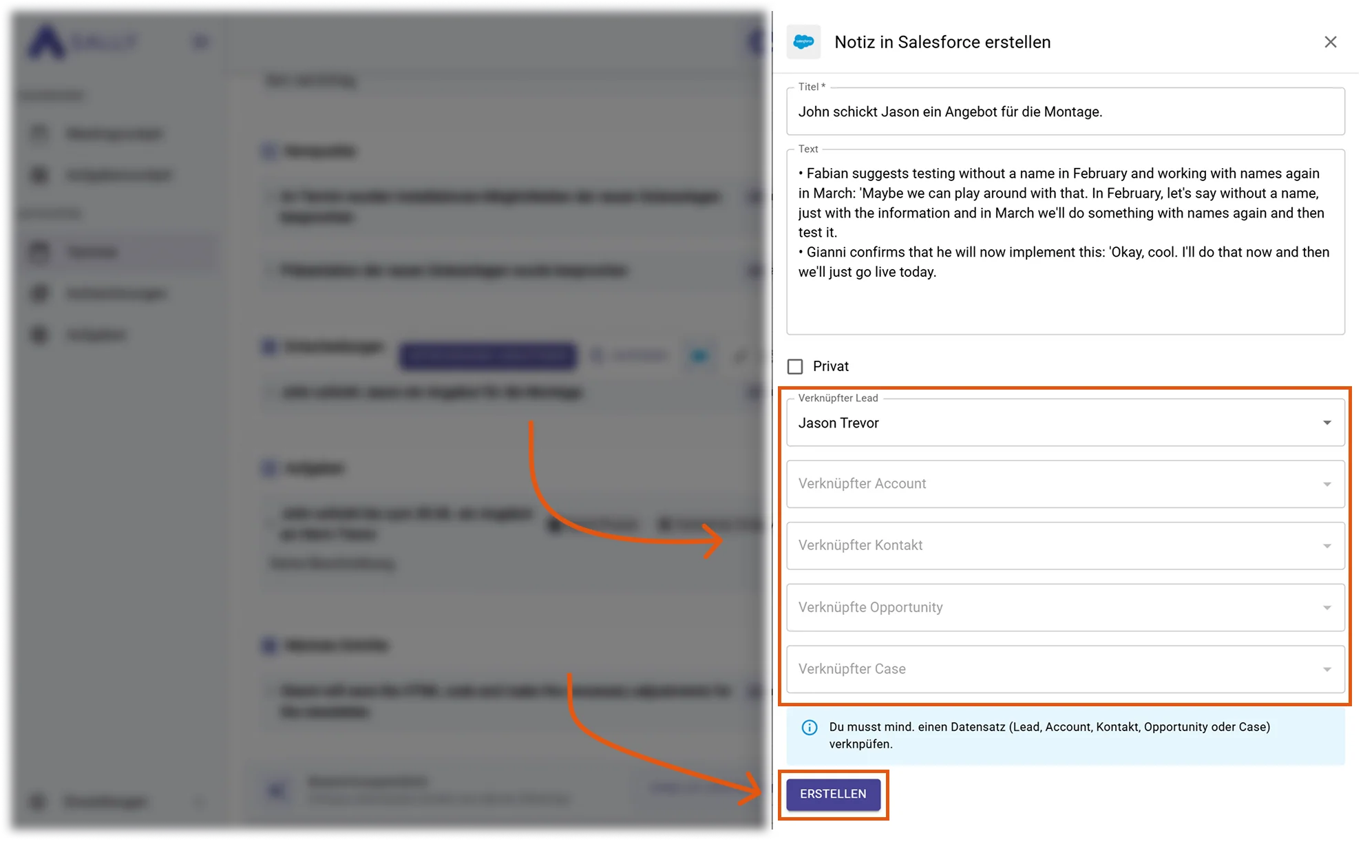 Aufgabe in Salesforce Formular mit Feldern für Titel, Text und Verknüpfungen