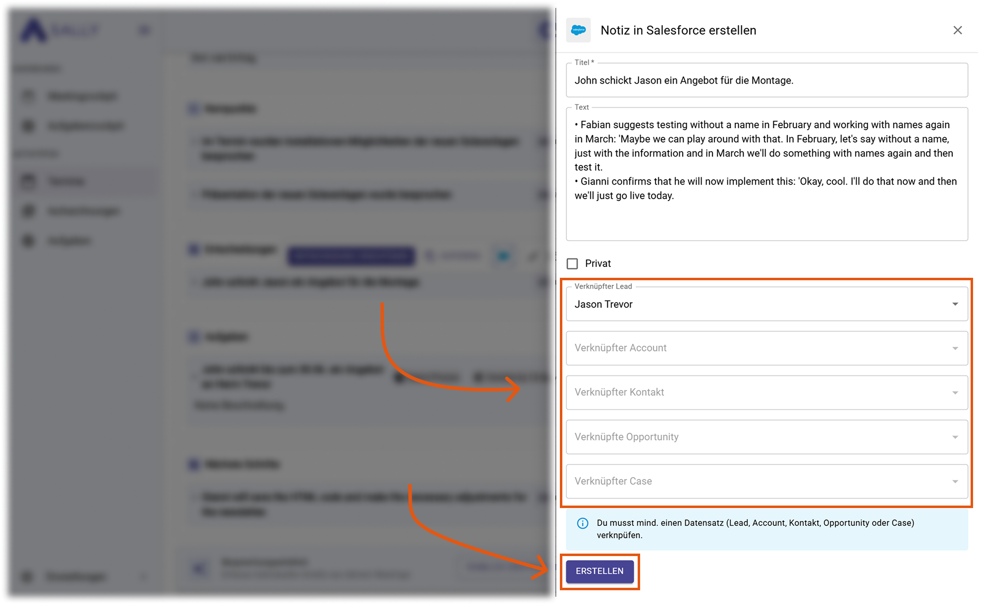 Aufgabe in Salesforce Formular mit Feldern für Titel, Text und Verknüpfungen