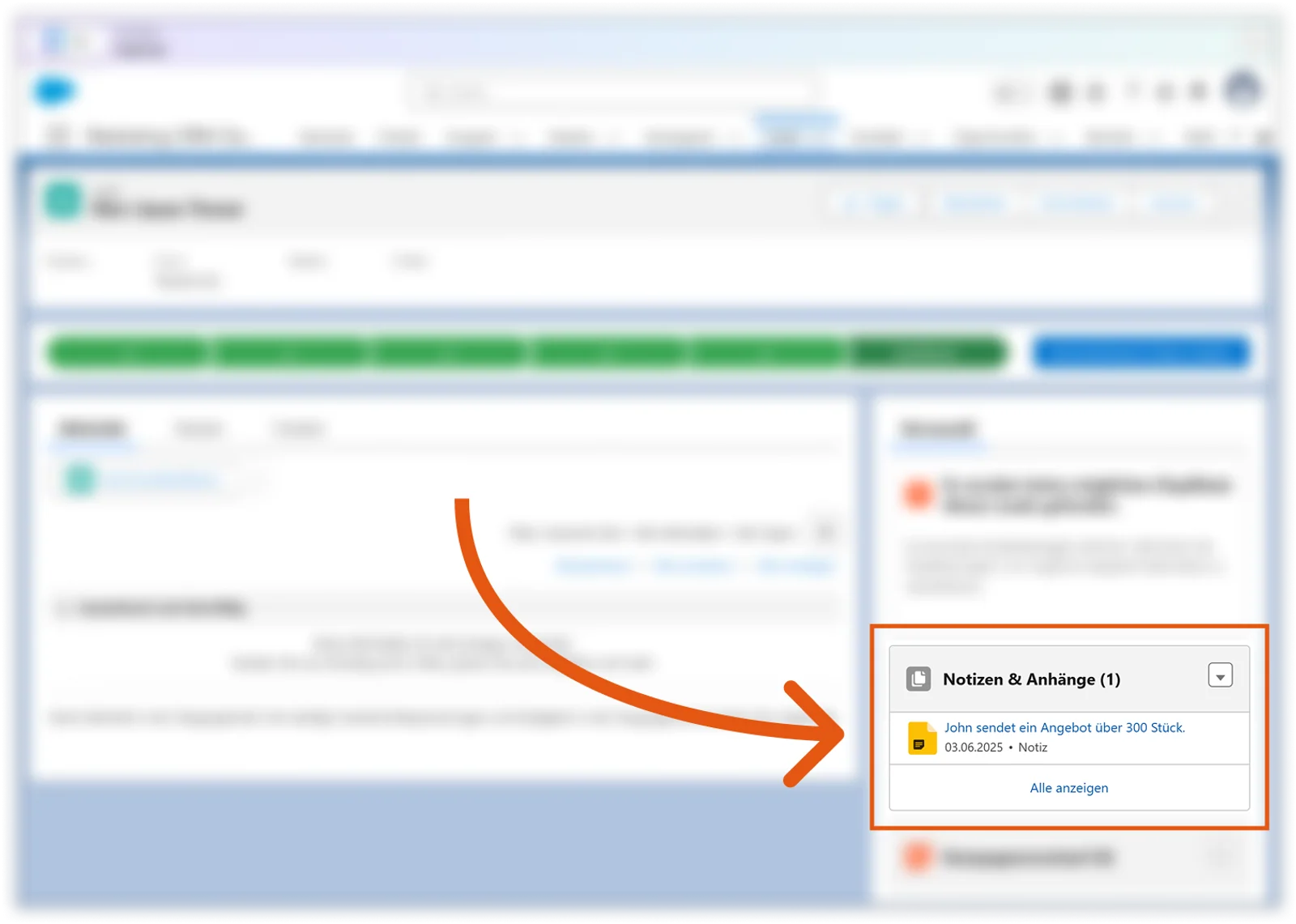 Salesforce Lead mit der von Sally erstellten Notiz im Bereich Notizen und Anhänge