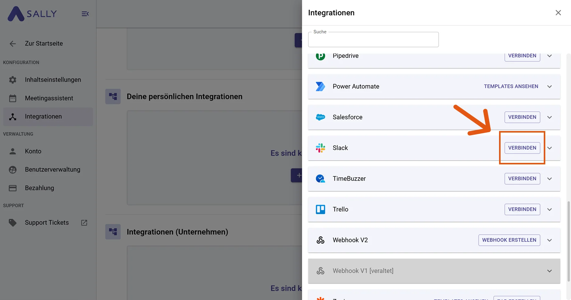 Slack im Integrationsmenü mit Verbinden-Button