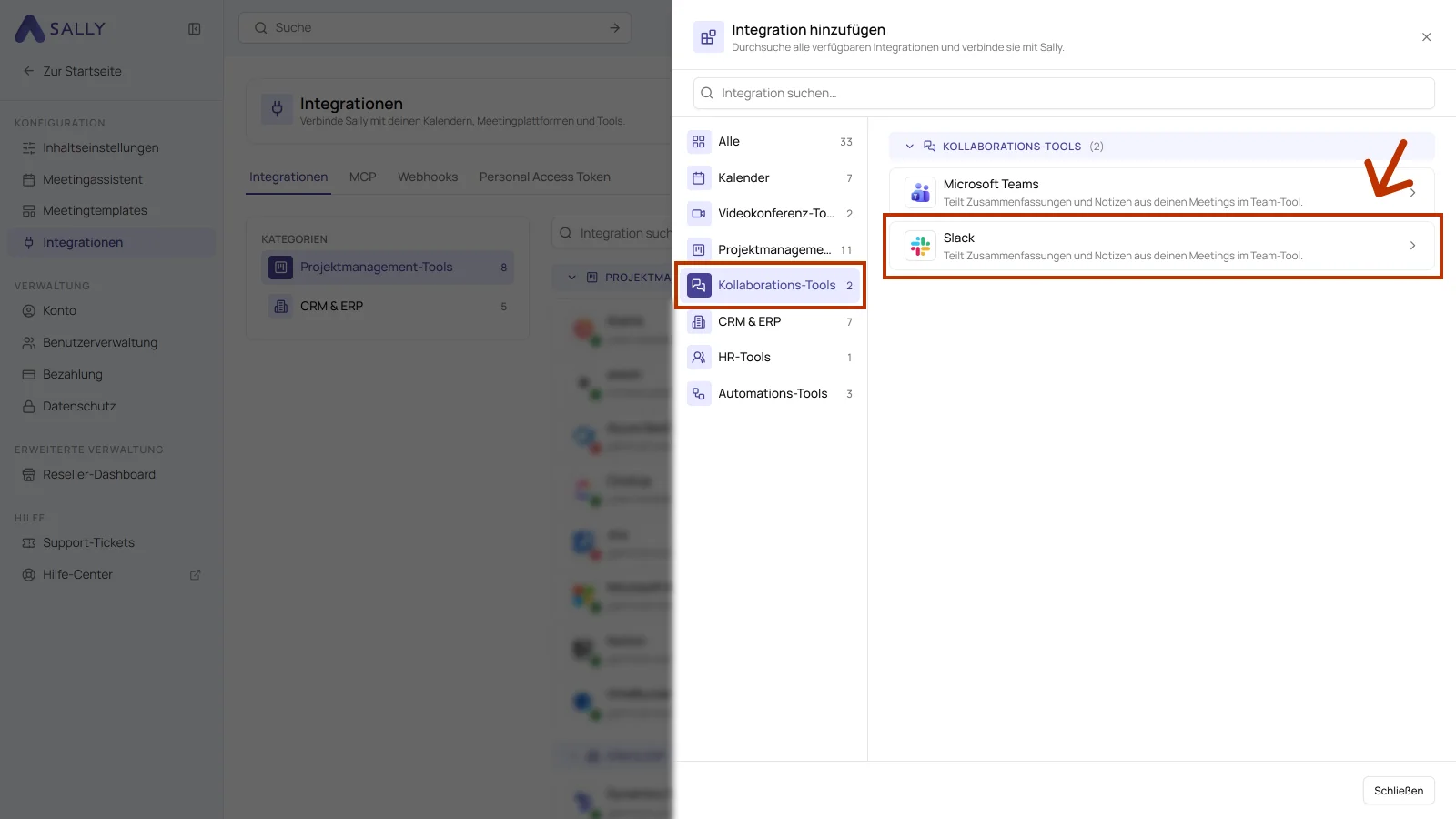 Dialog Integration hinzufügen mit der Kategorie Kollaborations-Tools und dem hervorgehobenen Eintrag Slack