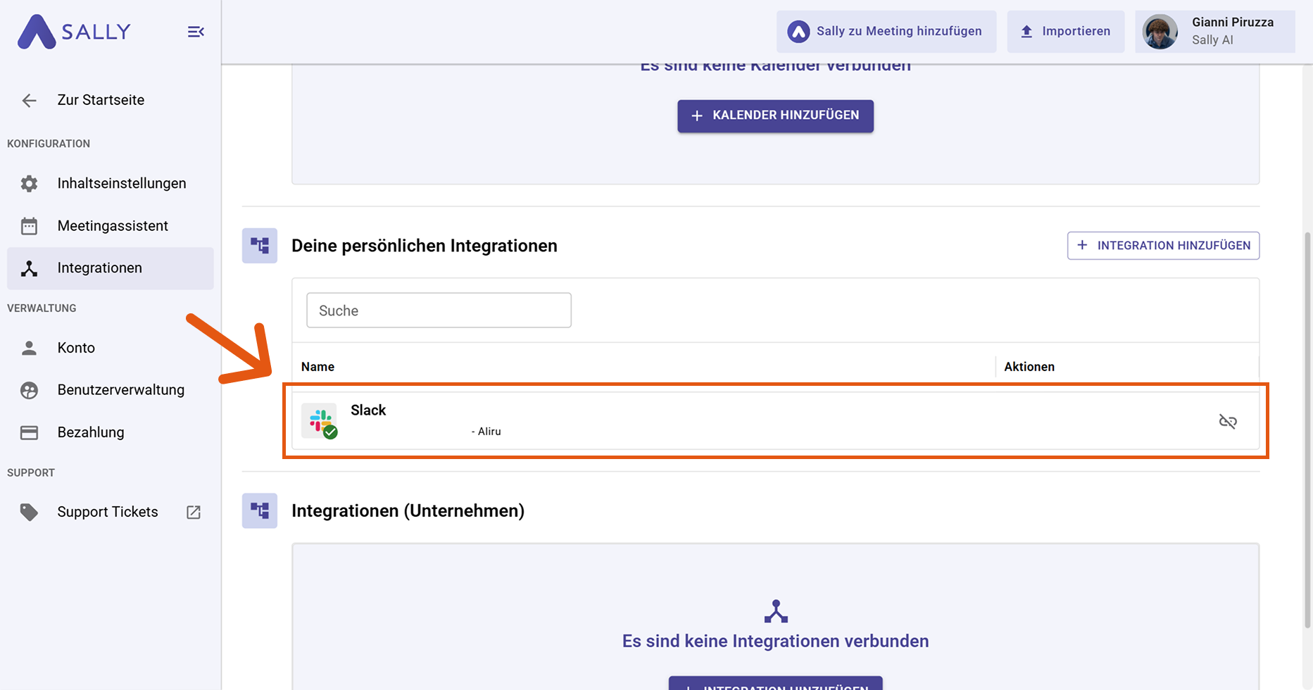Slack unter deinen persönlichen Integrationen aufgelistet
