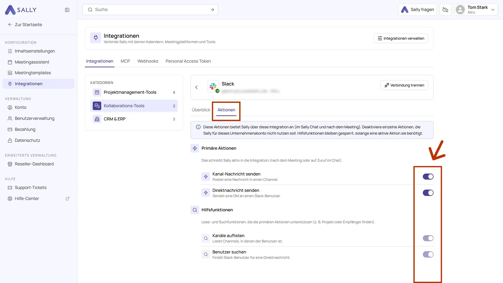 Tab Aktionen der verbundenen Integration Slack mit den Schaltern der primären Aktionen