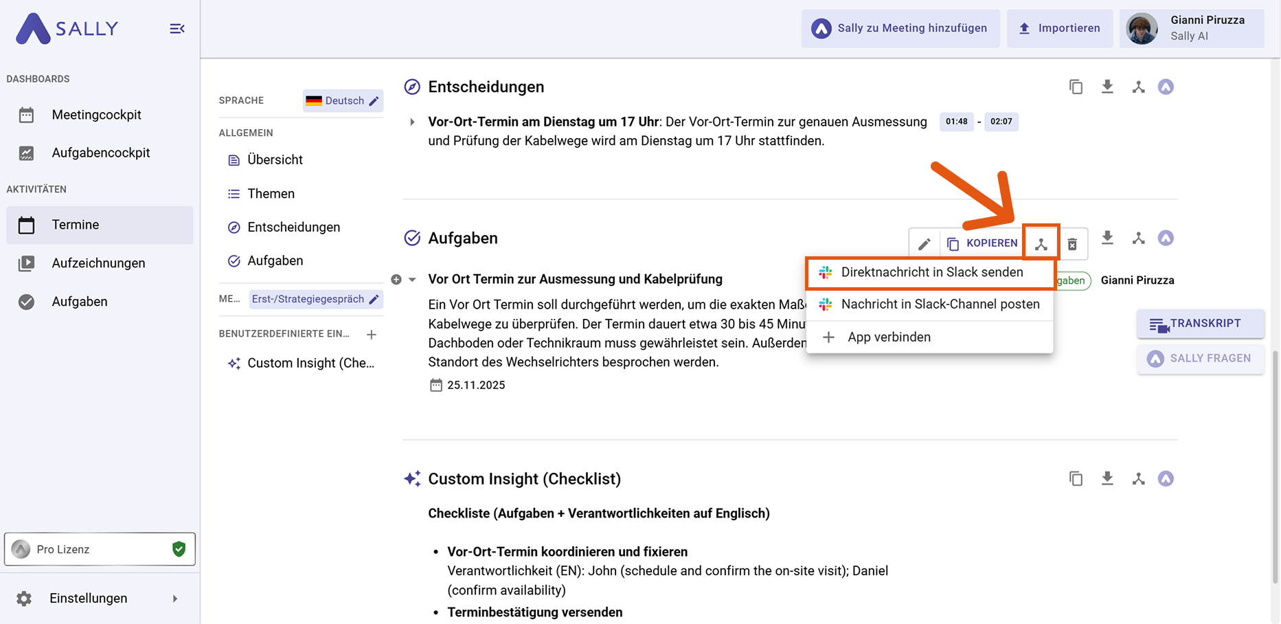 Slack Aktionsmenü mit Direktnachricht senden / Nachricht in Kanal posten