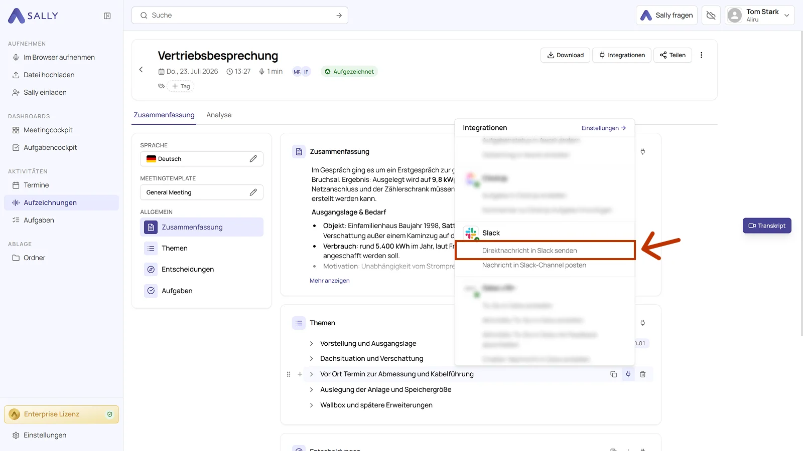 Aufzeichnung in Sally mit geöffnetem Integrationen-Menü und der markierten Aktion Direktnachricht in Slack senden