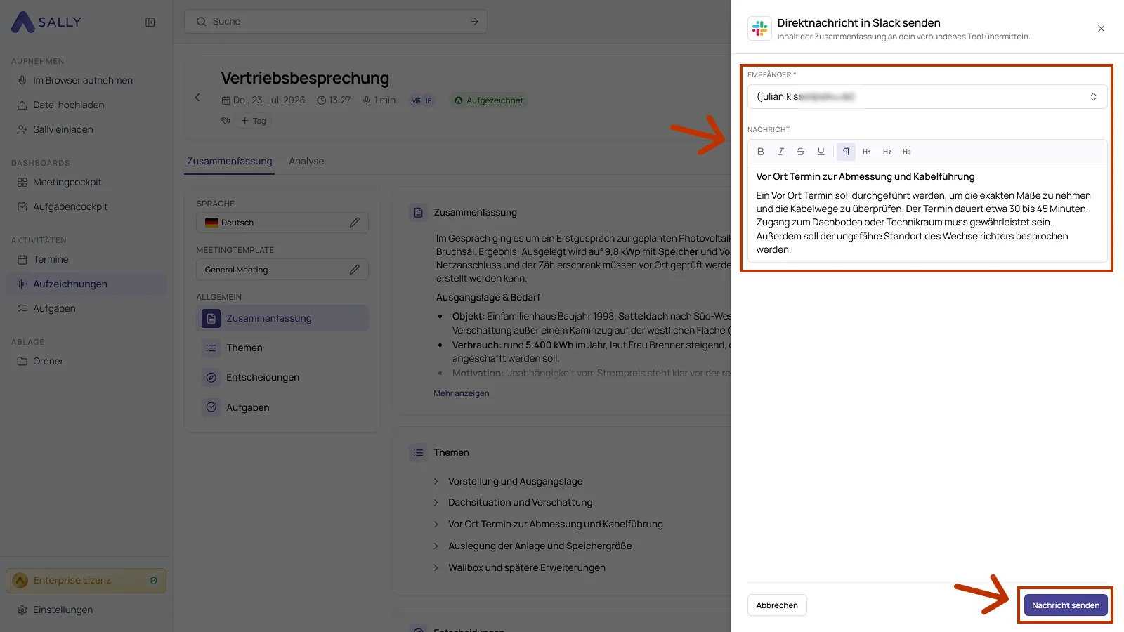 Panel Direktnachricht in Slack senden mit dem Empfängerfeld und der vorbelegten Nachricht