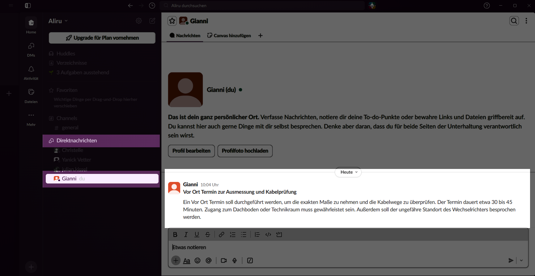 Slack-Direktnachricht mit dem gesendeten Einblick