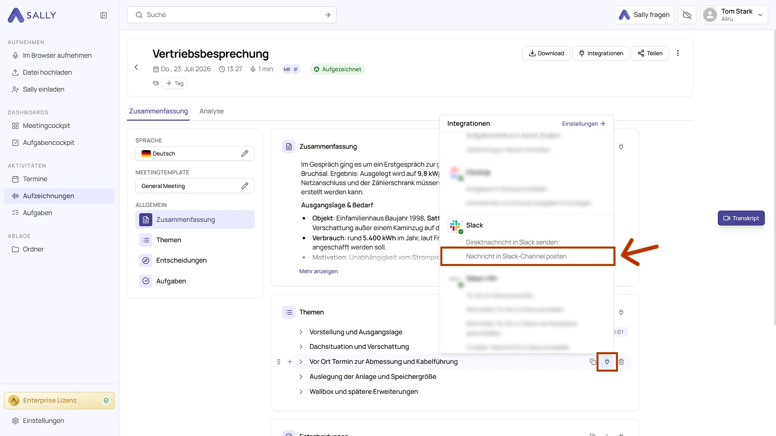 Aufzeichnung in Sally mit geöffnetem Integrationen-Menü und der markierten Aktion Nachricht in Slack-Channel posten