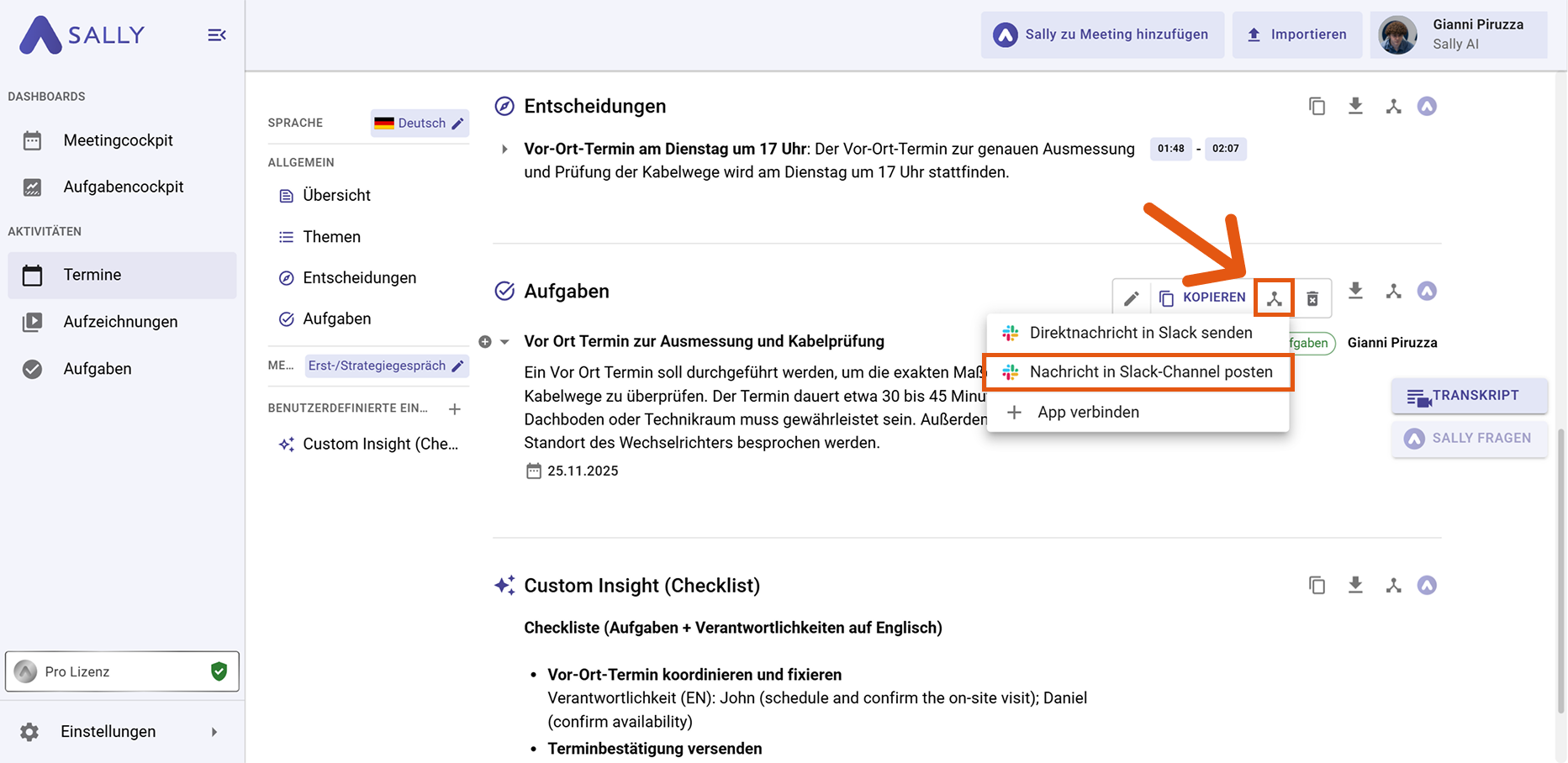 Slack Aktionsmenü mit Nachricht in Slack-Kanal posten