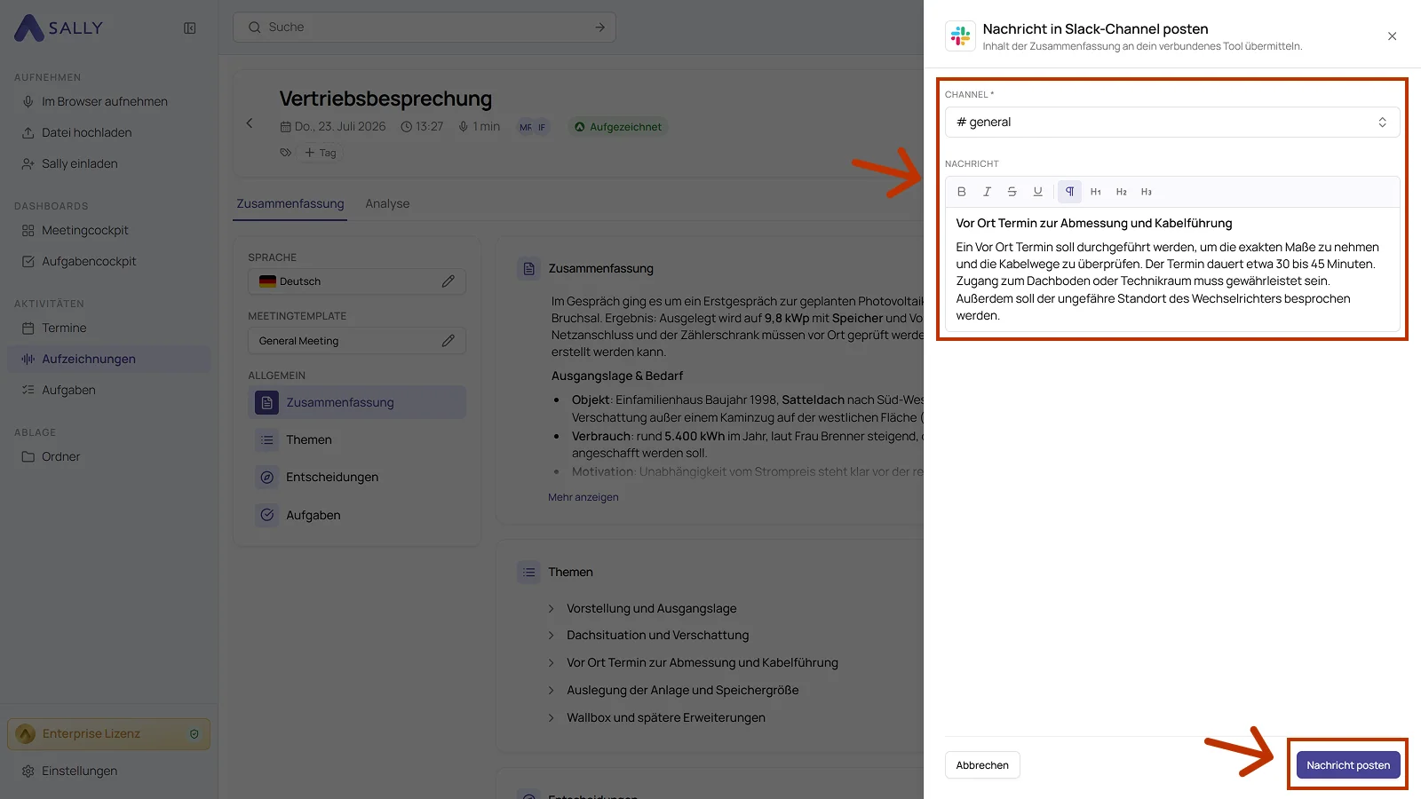 Panel Nachricht in Slack-Channel posten mit dem Channel-Feld und der vorbelegten Nachricht